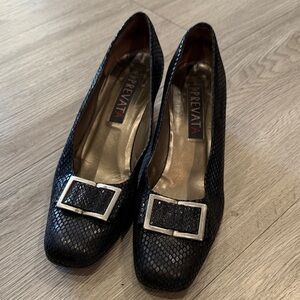 Prevata Black Textured Heels with Silver Buckle